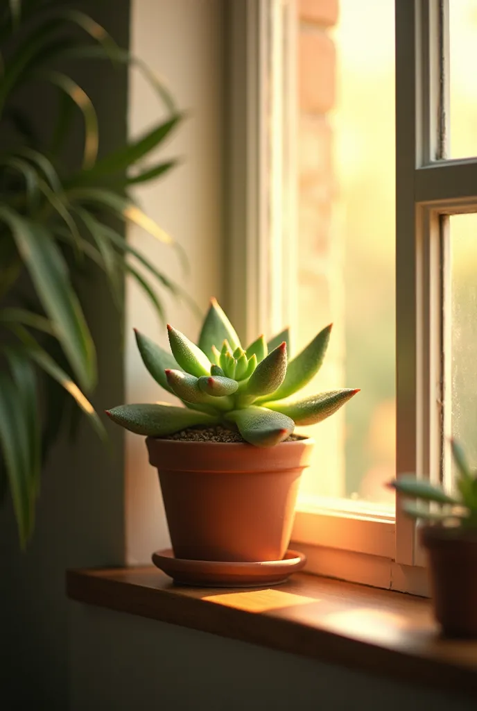 Create a realistic photo of a slightly wilted succulent plant in a window giving it sunlight