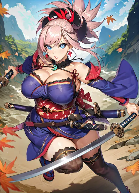 safe_pos, masterpiece, best quality, amazing quality, very aesthetic, light particles, scenery, ultra detailed, masterpiece \(quality\), BREAK, 1girl, solo, miyamoto musashi \(fate\), breasts, weapon, sword, katana, dual wielding, cleavage, thighhighs, lar...