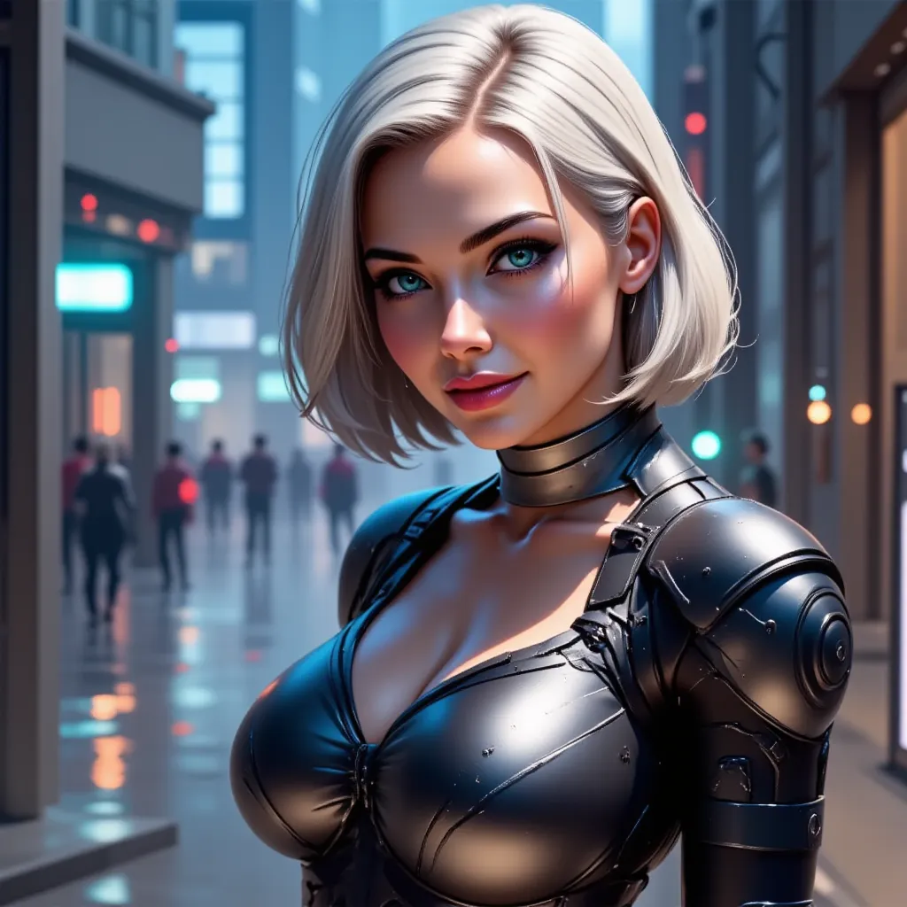 Create an AI-generated image of the perfect girlfriend inspired by Tachy from Stellar Blade. The image should depict a beautiful and confident young woman with a futuristic yet elegant design. She should have striking silver or platinum blonde hair, styled...