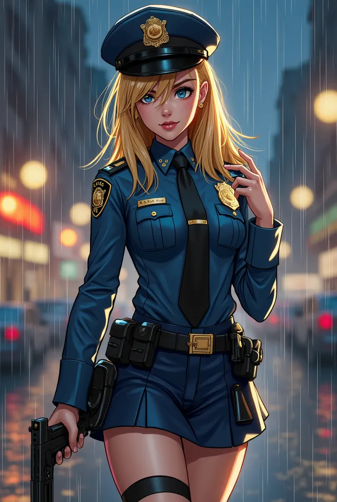  1 female 、 American beauty 、 Very beautiful 、Facial beauty、 blue eyes、Familiar、 NYPD uniform 、 short skirt、Golden hair 、Night Street 、 backlight 、  The wind blows  、This is some text to translate.&#39;It's raining 、looks closely at the barrel of the gun.、...