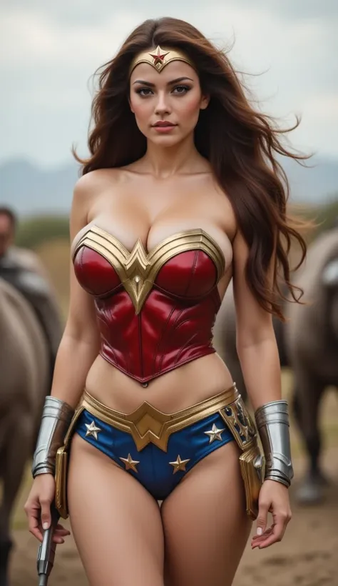 Sexy beautiful wonder woman,sexy hip foldings and waist curves and navel piercing,sexy hourglass figure,sexy wonder woman in a battlefield,sexy hair,sexy smoky eyes،sexy expression,horny wonder woman,sexy body, seductive gaze,sexy