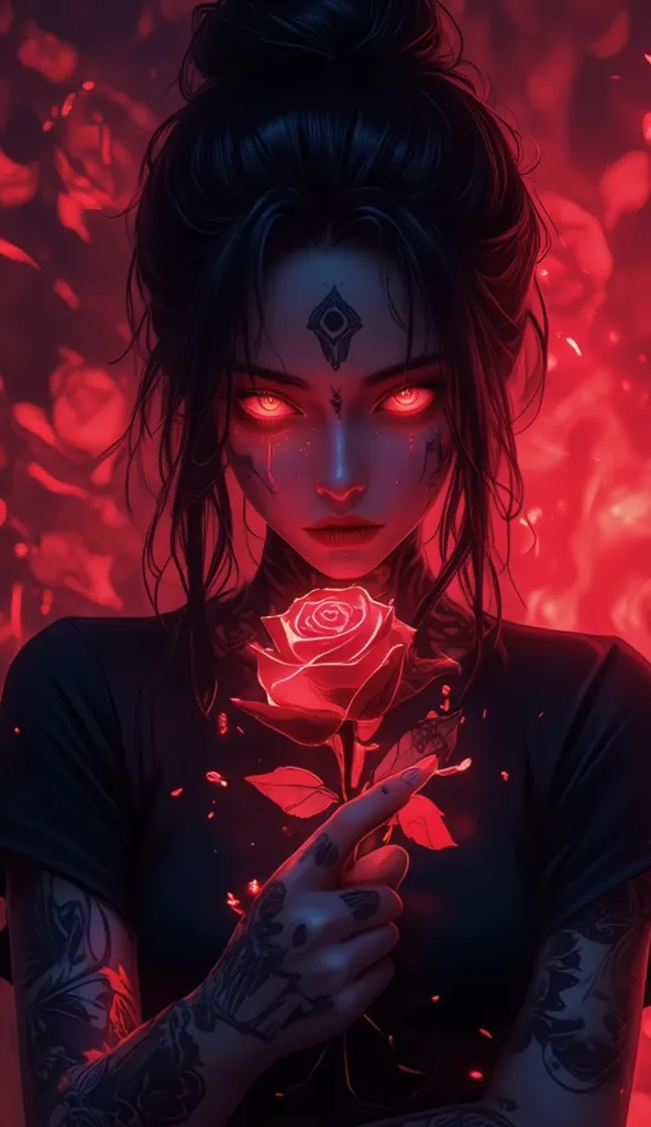 ((masterpiece)), ((Highest quality)), ((Highly detailed composition)), ((Highly detailed texture)), ((4K, 8k))beautiful tattooed girl, wearing a t-shirt posing crying facing the camera, holding a black rose, Enhance the image by adding a glowing [red] toxi...