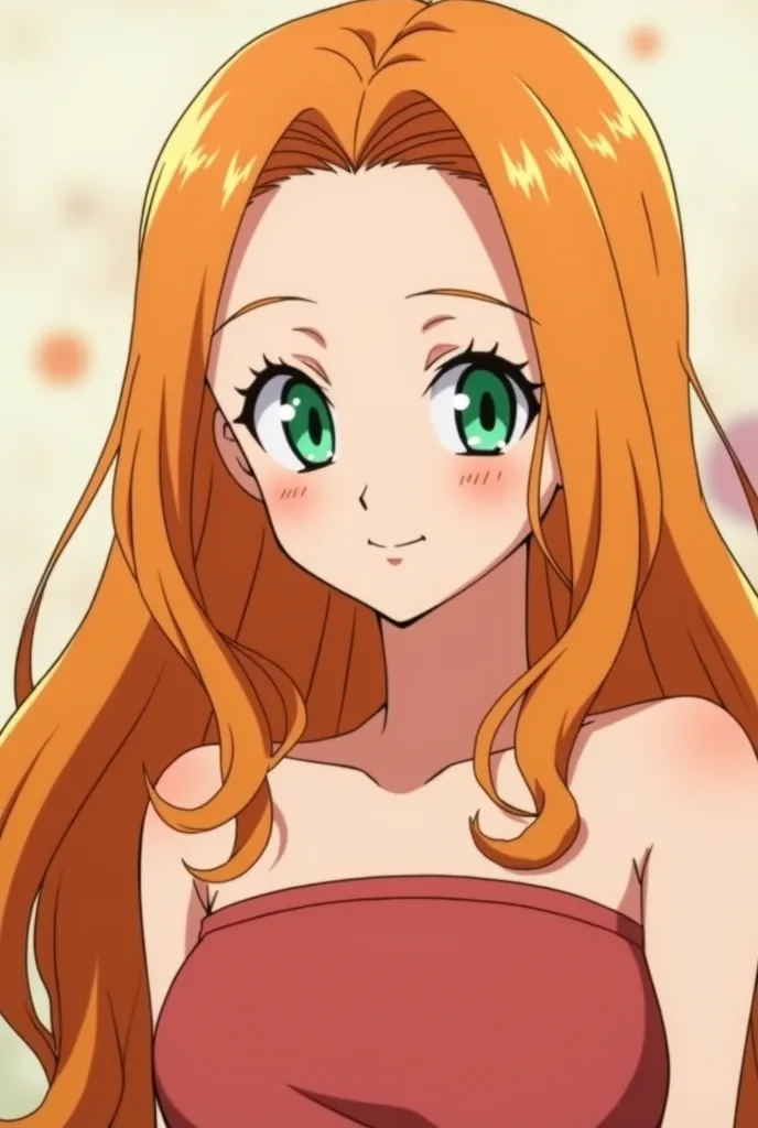 Screenshot Dragon ball z. 20 year old girl with long straight orange hair, Green eyes with long eyelashes, smiling confidently. front view, full body view. high definition. anime style. Dragon Ball Z style animation. 