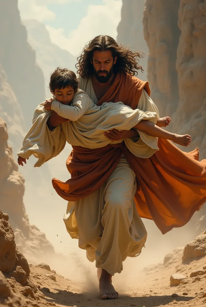 Jesus running with a  in his arms