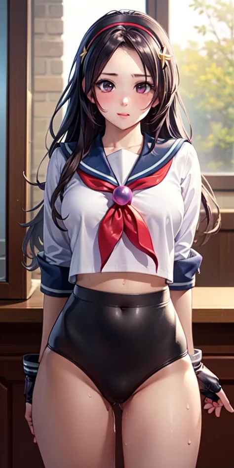    1 female,high definition,high resolution,      ultra-realistic      ,8K,AA2   ,  long hair, diadema, school uniform, serafuku,   camisa blanca, choke, bangs on one side,    midriff,  Long Sleeve Leather,   sailor's collar,fingerless gloves,   black lace...