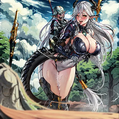 (((goblinriding, a goblin is riding a girl, a goblin on top of a all fours and hands on the ground girl))), , armor, leotard, (((shoulder armors))), cleavage cutout, leotard, breastplate, gauntlet, thig high boots, detachable collar, large breasts, cleavag...