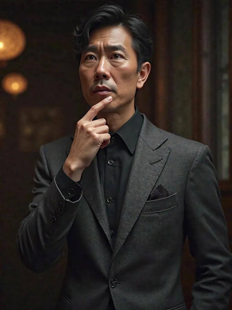 realistic image of an Asian man in a gray and black suit, in the foreground, with one finger on his cheek 