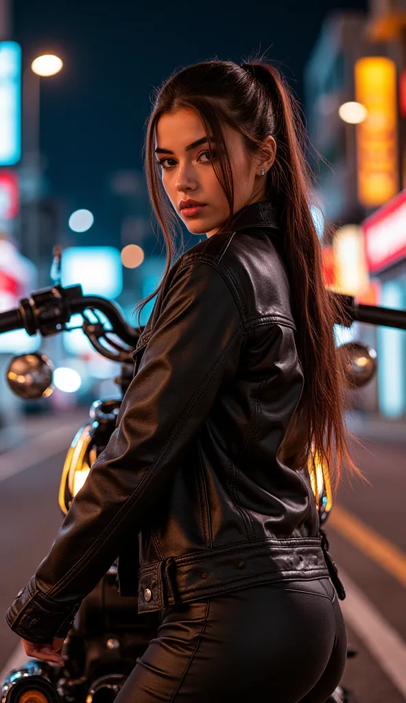 (long range:1.3), (full body:2.0), Latin woman , Super cute 19 year old brunette ponytail wearing biker clothes behind a Harley Davidson or Indian motorcycle , From night in the city full body 