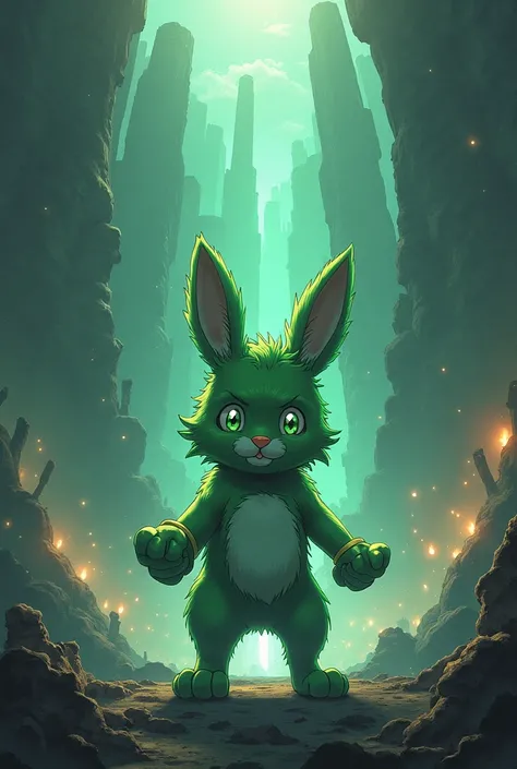 Izuku Midoriya as an anthropomorphic four-armed green rabbit in Made in Abyss