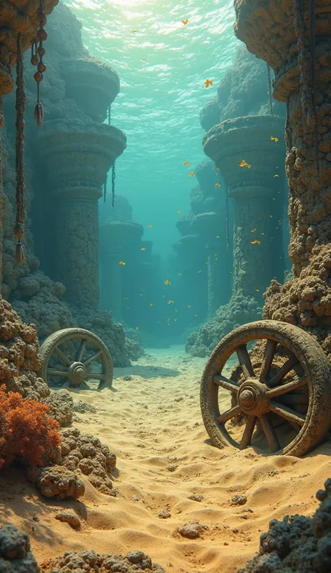 "An underwater view of the bottom of the Red Sea, showing ancient carriage wheels covered in sand, fossilized remains and partially buried ancient Egyptian objects."