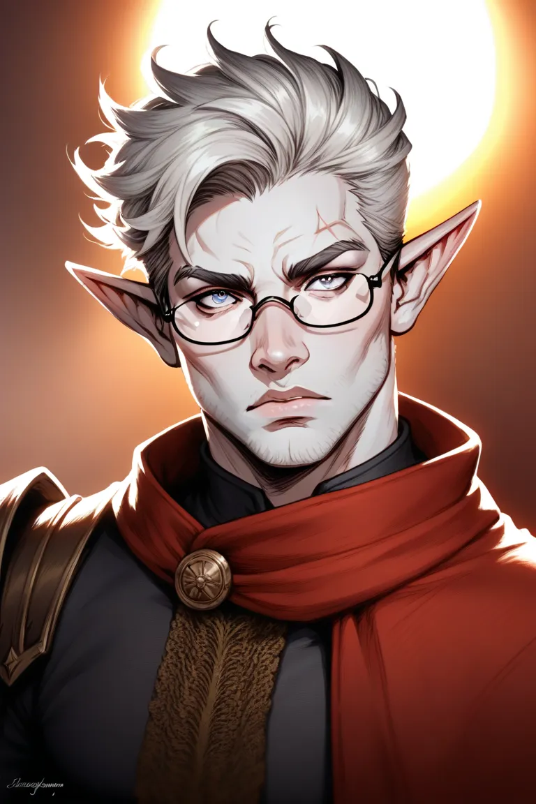 portrait, Solo, Male, elf, ash grey skin, dull mahogany eyes, straight white hair, wearing eye glasses, intimidating expression, paladin of the sun