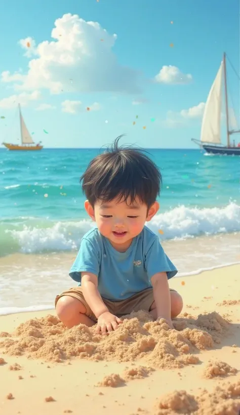 A  Korean boy wearing a blue t-shirt is playing in the sand near the vast sea. The picture is very realistic.