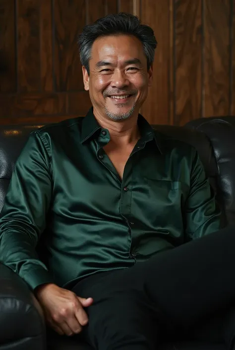 bronzed skin，mature sexy and handsome asian mature man，Smiling and squinting，Wearing a dark green silk shirt，  black suit pants ，is reclining on a black leather sofa ， The neckline is open ， Broad chest muscles 