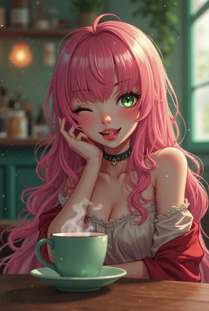 emerald green and red gradation background、old cafe 、Femboy's long pink undulating hair, One eye blinks、With an ecstatic look、green eyes。 Drink steaming coffee、Cheeky way to stick out your tongue