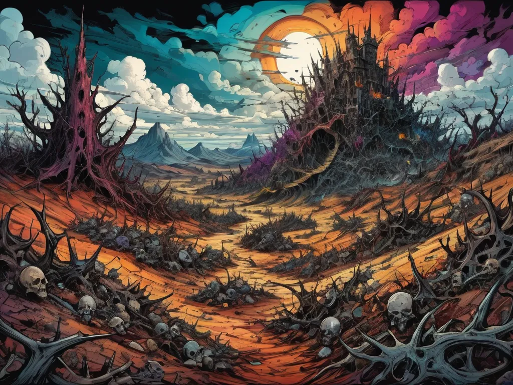   Futurist and vintage landscape. Apocalyptic Valley of Madness in the background.  thorns, chaos, devastation,  dramatic cloudy sky. horror art, Unreal Engine,  colorful sketch drawing. Madness and Frenzy; spikes and thorns.  colorful sketch drawing. inke...