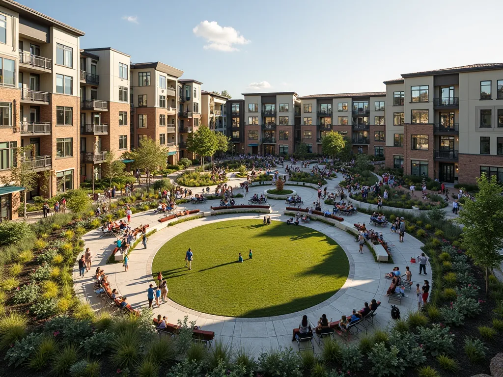 Photo of a multifamily residential complex surrounding a circular outdoor amphitheater. Architectural details include varied cladding materials, contemporary water holes and large windows. The lush vegetation and organized living areas increase the involve...