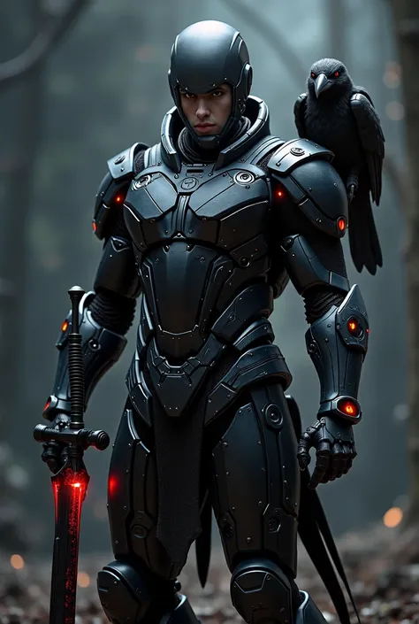 black,dressed in technological knight armor,no superhero helmet holding a black sword with a red pattern and a mechanical crow next to it