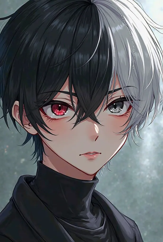 20 year old anime boy, with black hair on the right side and white on the left with gray eyes but the one on the left side red with black sclera 