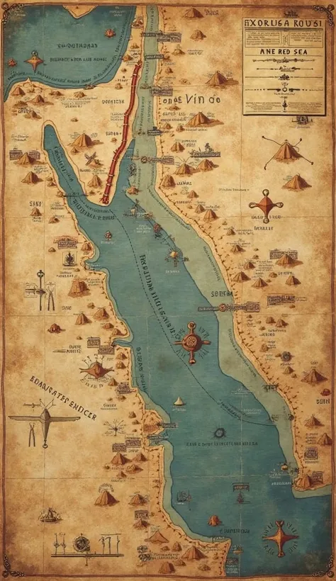 "A detailed ancient map showing the route of the Red Sea crossing, with Egyptian-style markings and notes on possible archaeological sites."