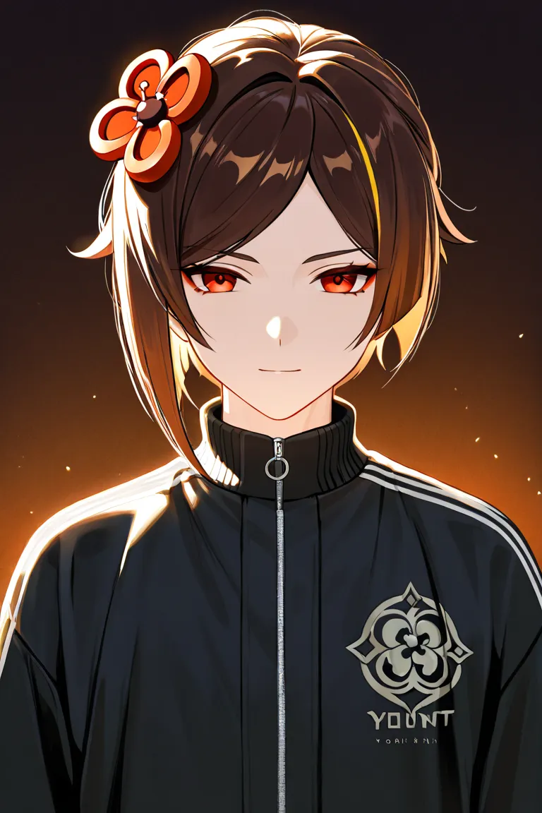 Male character inspired by Chiori from Genshin Impact with short brown hair, wavy and with modern streetwear in black,  RED EYES