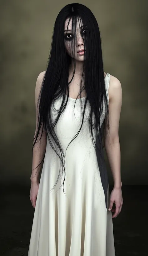 Sadako face covered in hair wears white color dress with gothic theme background