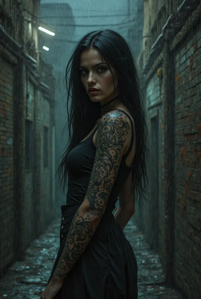 A black-haired woman with tattoos on her right arm in a dark alley at night raining