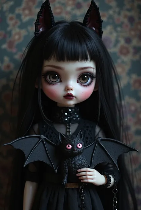 a close up of a doll with a bat on a dark background, hyper - goth, neo goth, mall goth, anigirl batman, darkwave goth aesthetic, 1 7 - year - old anime goth girl, bubble goth, goth aesthetic, gothic horror vibes, scary style, goth girl, goth girl aestheti...