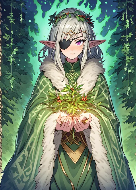 Celtic people, mistletoe, tree, female druid, one person, eye patch on left eye, priest, ritual, runes, high elf, floral pattern, mistletoe wand, feathers on ears, fur cloak, spell, green aura, fertility