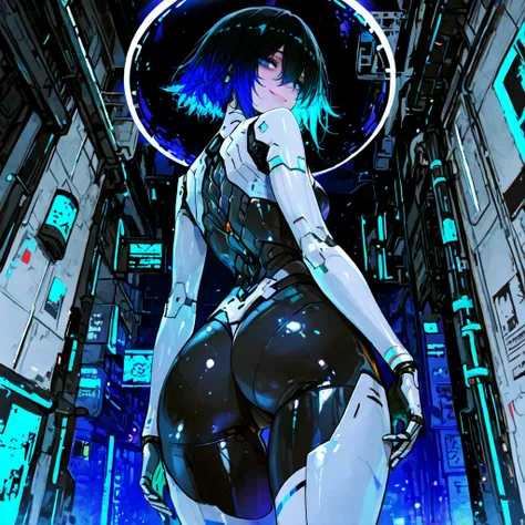 masterpiece, best quality, very aesthetic, highres, absurdres,score_9, score_8_up, score_7_up,high quality,very disheveled hair,vidid colors,ass,neon,shining eyes,shiny eyes,bi color hair,smile,from below,dark colors,android,random colors,back,robot,robotg...