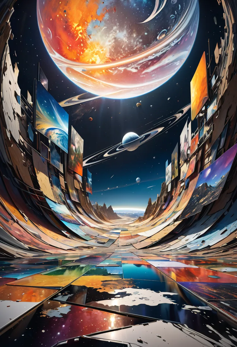 patchwork illustrations, conceptual installation art, fusion of acrylic and collage paintings, high and fine artwork, space landscape painting, delicate and dynamic textures, contrasts of light and shadow, 2.5D, artistic photography, hyper realistic, graph...