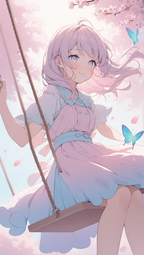 Aesthetic lighting,  pastel colors,  touch a soft brush ,  dreamy vibe . (best quality,   nothing ),  detailed eyes, Cute Costumes,  Riding on a swing ,   be surrounded by cherry blossoms  , Soft Breeze,  cherry blossom petals dancing,  soft smile , Anime ...