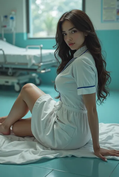 Extremely beautiful brunette hair lady, extremely detailed, ray tracing, ultra realistic, 8k resolution , curvy waist, big ass , big breasts , huge ass and breasts, huge breasts, wearing a nurse costume, huge bubble butt and big breasts, hospital backgroun...