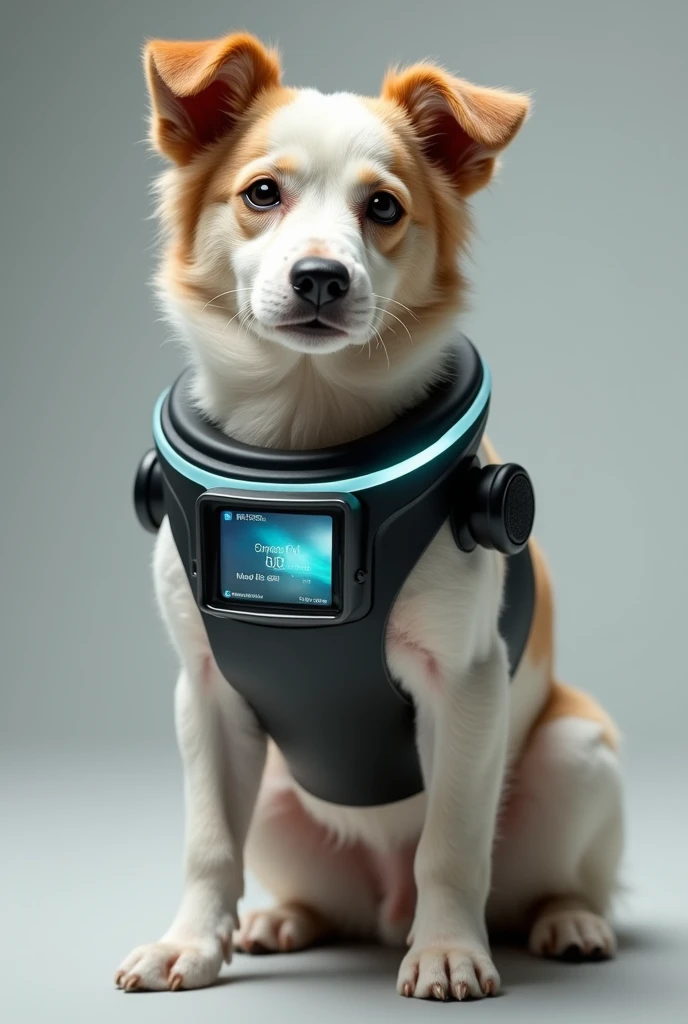 Design of a collar for dogs with a small television screen and some ((""small mini speakers attached to the sides of the collar"")) for dogs latest futuristic model 