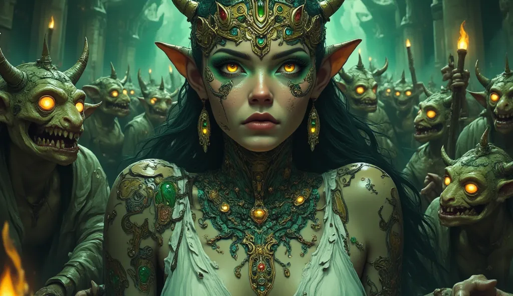 “a beautiful goblin queen, striking green eyes, alluring red lips, long eyelashes, elegant headdress adorned with dark jewels, ornate jewelry, flowing tattered gown with intricate patterns, a horde of evil mischievous goblins, small grotesque figures with ...