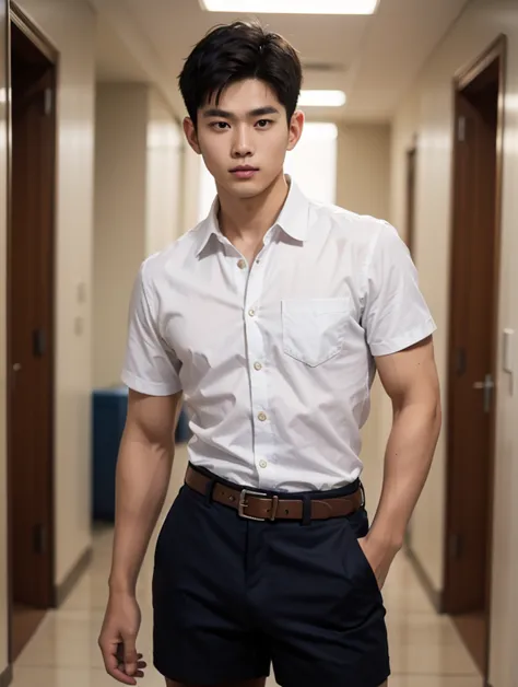 Realistic Portrait, Realistic, Natural Light, handsome chinese man with muscles ,  wearing a short-sleeved white shirt with a right pocket,Banned from folding sleeves , Neat Buttoned , Cobaltblue , dark blue shorts ,  brown belt ,  Thailand male high schoo...