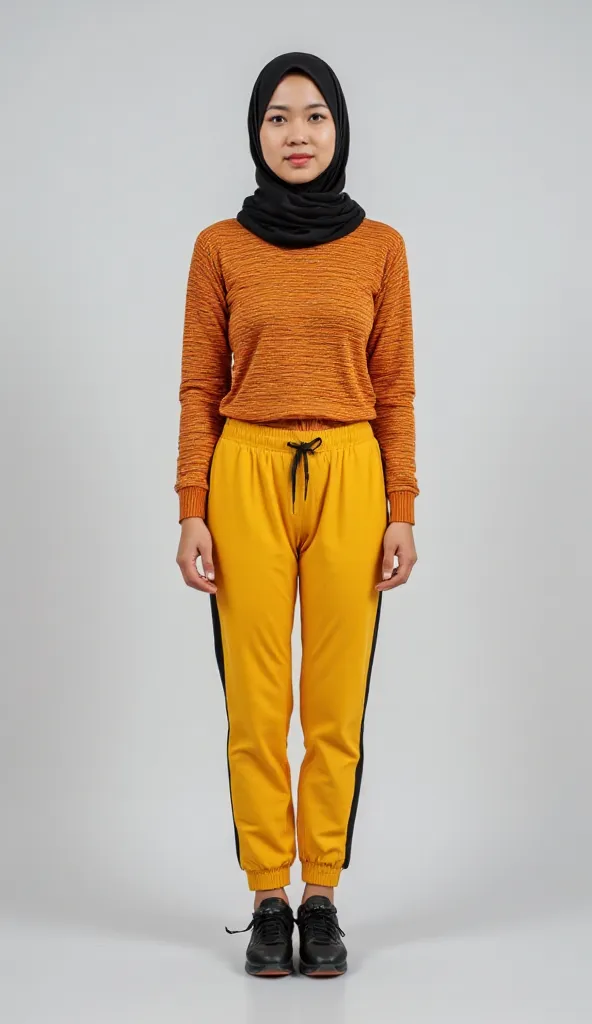  Young Indonesian woman around 17-18 years old, wearing yellow long training sports pants and long sleeve t-shirt orange, wearing black sport shoes and wearing stylish black hijab, standing pose, Photographed in white studio room, head to feet visible, ful...