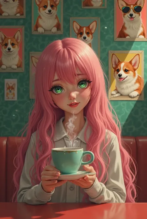 emerald green and red gradation background、old cafe 、Femboy's long pink hair, One eye blinks、With an ecstatic look、green eyes。 Drink steaming coffee、Many cute corgi posters with tattooed sunglasses