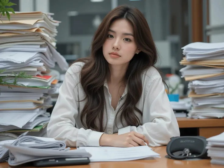 25-year-old  sexy woman sitting at her cluttered office desk, surrounded by towering stacks of paperwork. She has a weary yet sarcastic expression, capturing the feeling of being overwhelmed by work every morning.