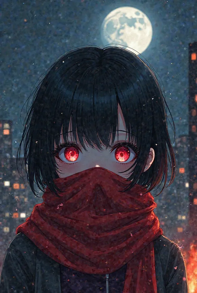 a girl with red scarf covering her face in a city with moon and moonlight, motor vehicle, ground vehicle, car, 1girl, solo, night, scarf, red eyes, red scarf, sky, short hair, looking at viewer, moon, burning, burning buildings, angry_floral_grunge, sharp_...