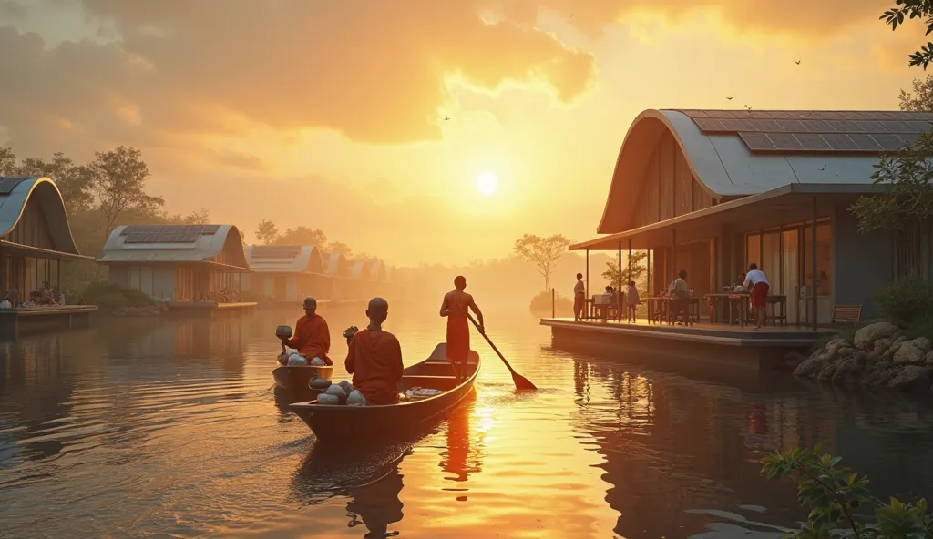 Morning scene: The sun shines golden through the clouds and bathes the water, a man rows a long narrow wooden boat. In the boat are three monks, holding blackened zinc alms bowls, sitting in meditation and peace. Along the way is a arch minimalist modern f...