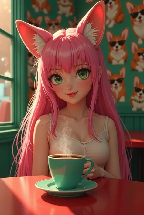 emerald green and red gradation background、old cafe 、Femboy's long pink hair, One eye blinks、With an ecstatic look、green eyes。 Drink steaming coffee、Many cute corgi posters with tattooed sunglasses