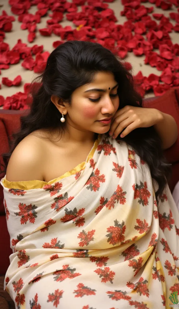 indian plus size sexy aunty wearing  Nude-Coloured Lightly Padded white glossy strapless bra, Beautiful eyes wearing heavy masscara,red dark lipstick,low cut blouse showing deep massive cleavage and white yellow flower printed saree half drape saree. Layin...