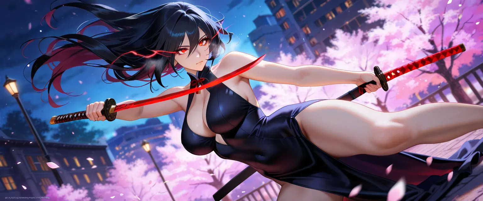 1girl, (perfect anatomy:1.4), a lone samurai vampire woman, expressionless, Big breast, black hair, red eyes, ((eye trail)), bangs, flowing hair, milf, 30yo, (thin dress), Fight stance, spread leg, thigh, a sword, outdoor, in the public park, night, late n...