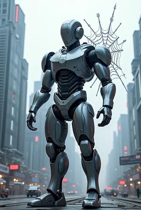 Metallic robot in a futuristic city in shooting position with a technological device on its arm with several spider-web-like holograms being generated with dots at each line junction of the hologram