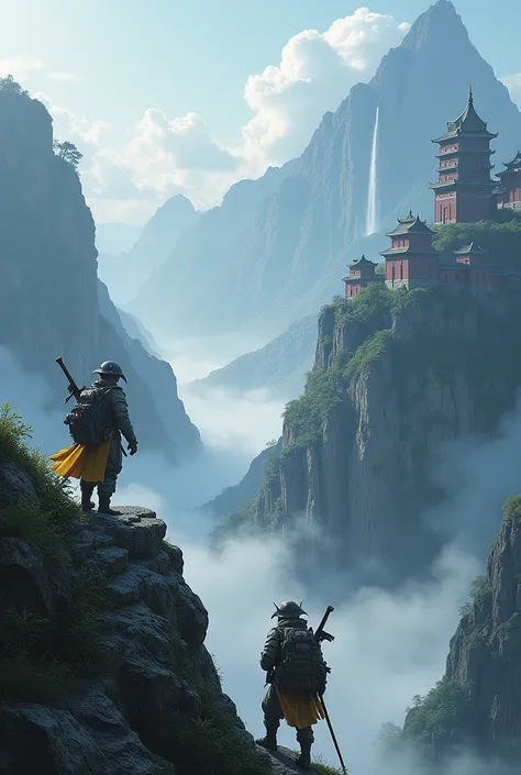 A digital artwork of a mountainous region, with ancient temples and misty peaks, featuring the Chinese Snow Leopard Commando and Dragon Guardian scaling the terrain. The background shows clouds and waterfalls.