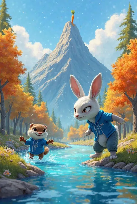 "A lively and vibrant scene in a valley full of colorful trees and brilliant rivers. Max, an athletic rabbit with white and blue fur, is in a starting position with a determined look. water, an agile otter with blue and white fur, smiles confidently beside...