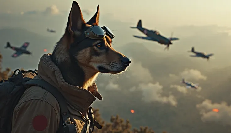 No Safe Place – Smoke Chokes the Heavens
🐶 Dog’s Perspective, Mitsubishi Zero (Aerial View - A Grim Realization)
Prompt: The dog pilot squadron leader, wearing a full Japanese pilot uniform, scans the battlefield, his goggles smeared with sweat and blood. ...