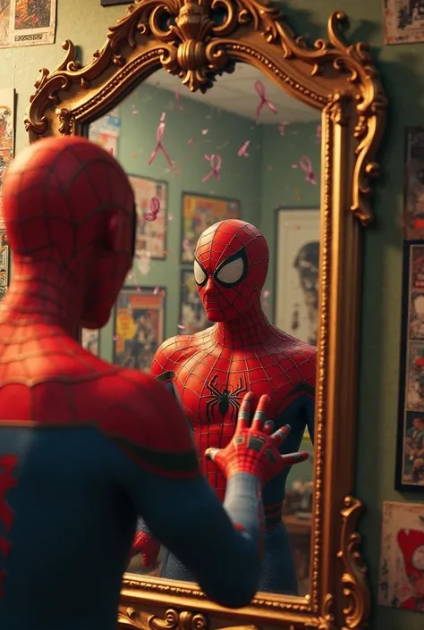 The image shows a stylized scene of Spider-Man in front of an ornate and antique mirror. The perspective is first-person, as if the spectator were wearing the hero's costume and reaching out towards the reflection.  In the mirror , There are marks of ribbo...