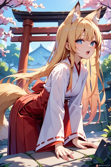  1girl , fox_ears, blonde long hair, fox_tail,  miko, long sleeves, hakama_skirt, I feel sexual、Penis inserted in doggy style with hands on a torii gate or wall, plum_tree,nsfw