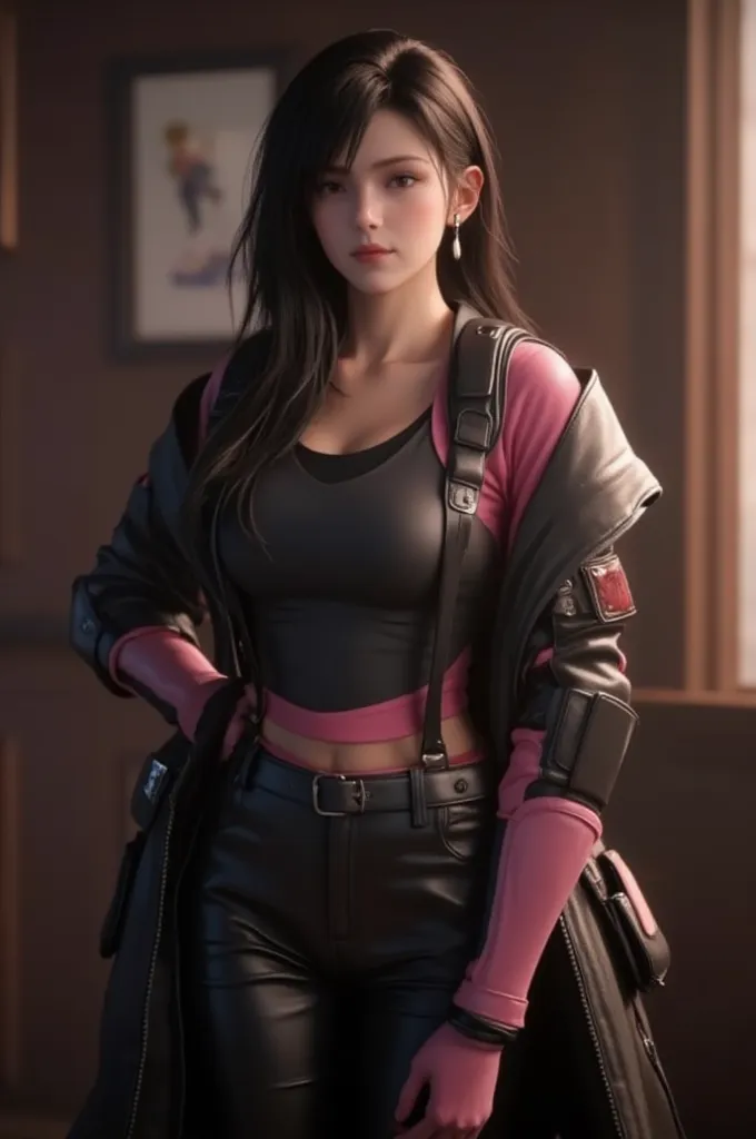 
Final Fantasy VII, (blush on nose), pink elbow pads, black hair, black leather pants, pink belt, black long boots, elbow gloves, elbow pads, pink gloves, open black leather coat, pink sports shirt, (suspenders), black tank top, upper body is hyper-realist...